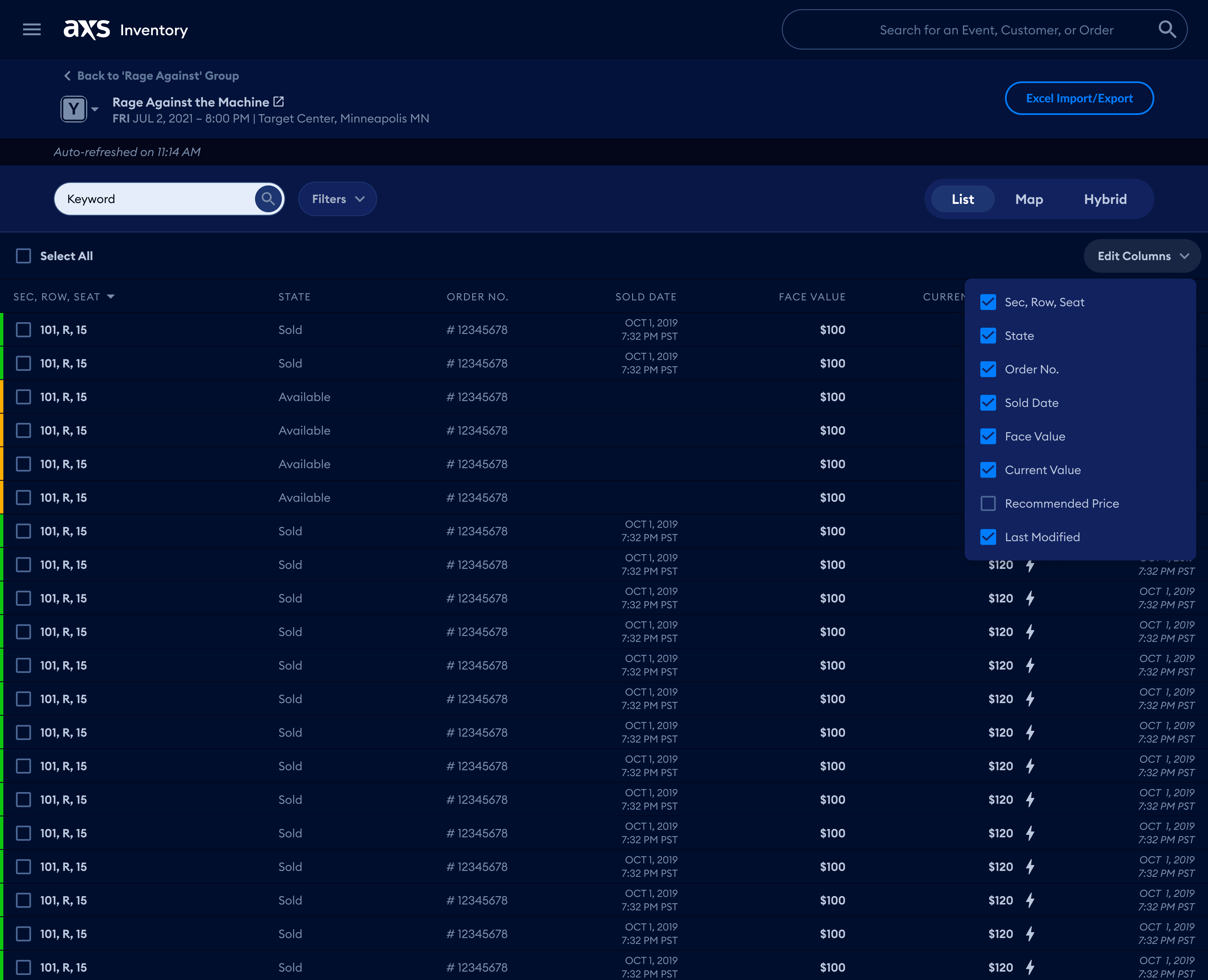 AXS Inventory List View
